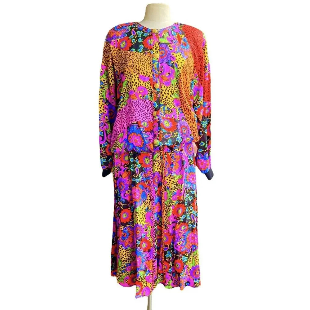 VTG DIANE FREIS 80’s Georgette Silk Top & Pleated Skirt Outfit Dolman Sleeve XL